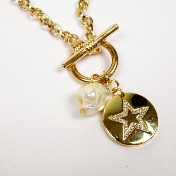 new in box! charm necklace link chain toggle clasp pearl disc star pendant - Picture 7 of 7